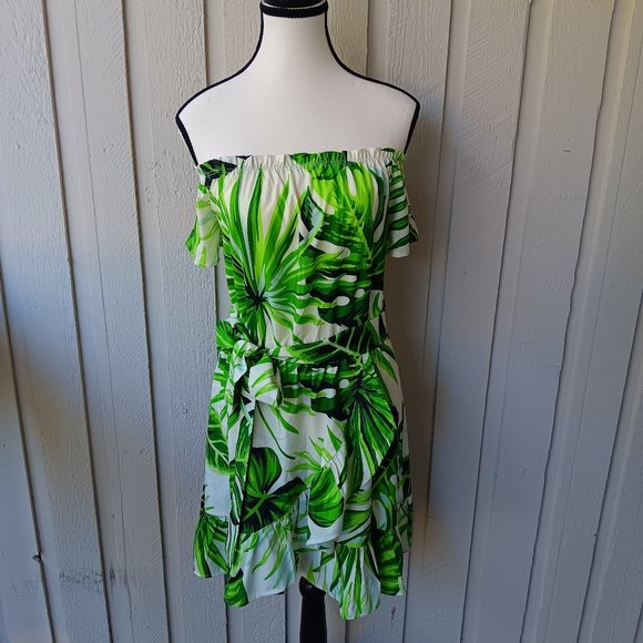 Leafy Green and Cream Short Sleeve Mini Dress Size M - Picture 3 of 5